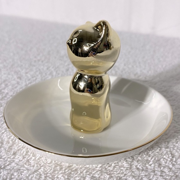 Ceramic Gold Tone Cat Ring Holder Dish - Picture 8 of 9